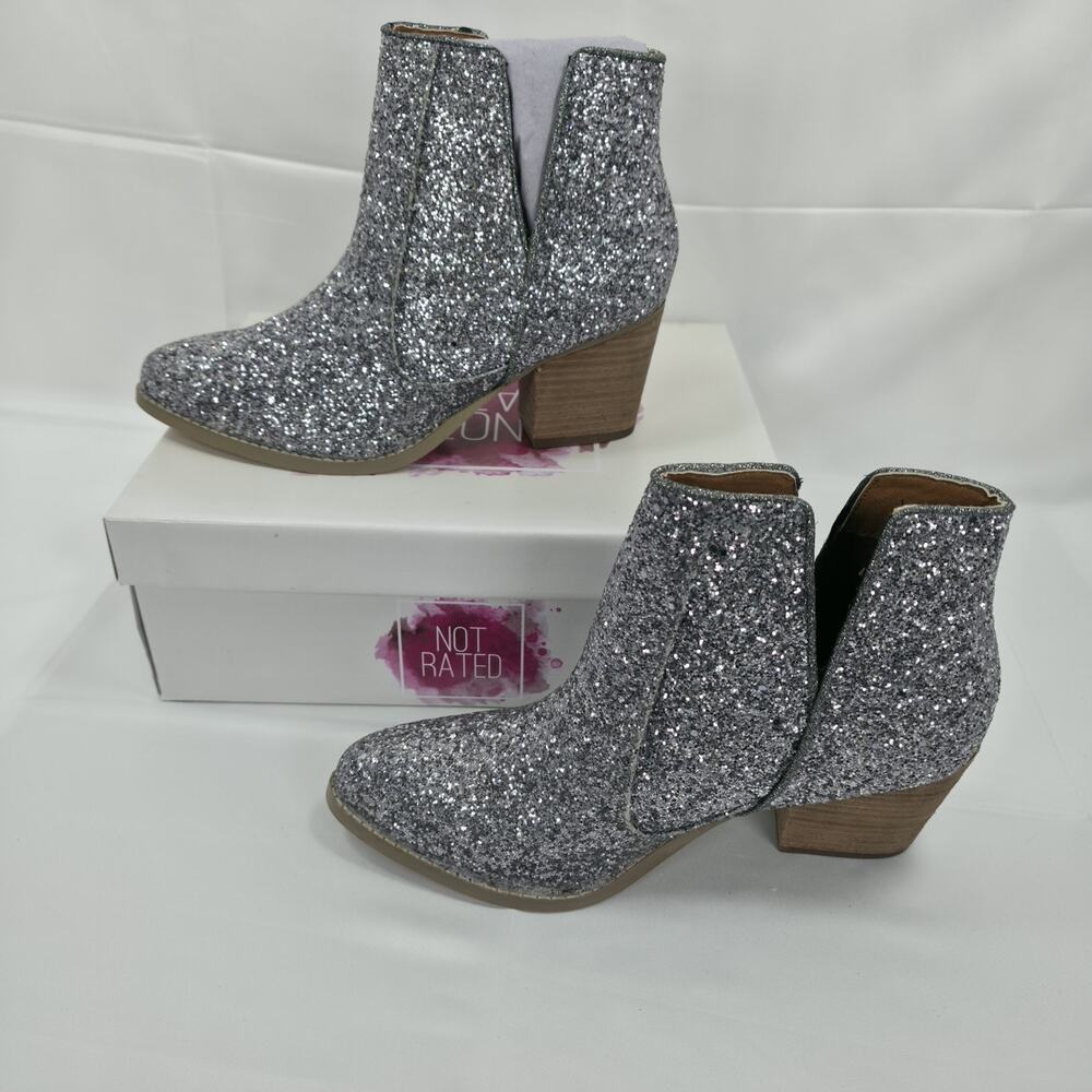 Not Rated Womens 9 Fiera Pewter Silver Glitter Ankle Boots Western Sparkle